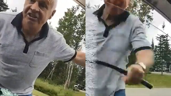 Geflipte oude vent is pissig en slaat autoruiten in met ploertendoder