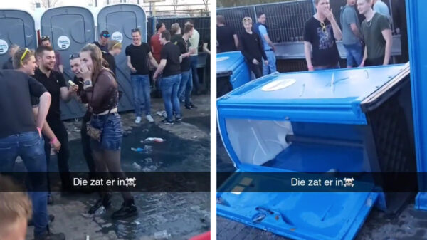 Ondertussen op het Aaipop-festival: Dixi met vrouw erin omvergekegeld