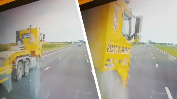 Close call van de dag: busje van weg gedrukt door vrachtwagen met klapband