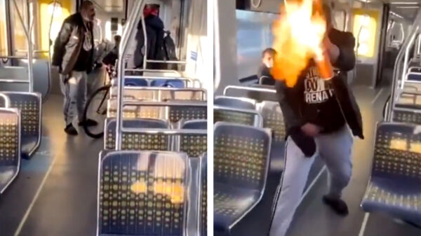 Licht ontvlambare idioot gaat met 'vlammenwerper' achter passagiers aan