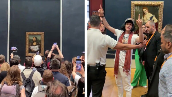 Idioot in vrouwenkleren en pruik besmeurt Mona Lisa met taart vanwege het klimaat