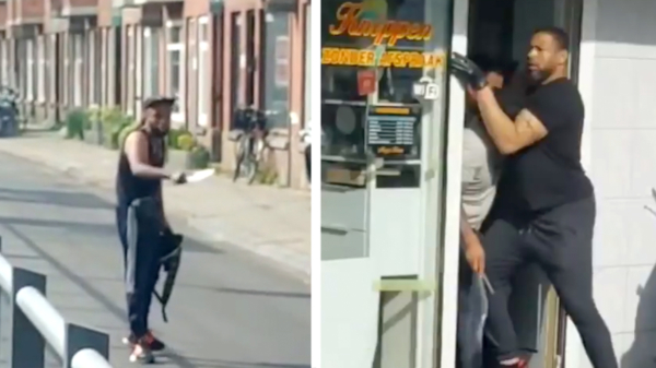 Idiote messenzwaaiers gaan elkaar midden op straat te lijf in Den Haag