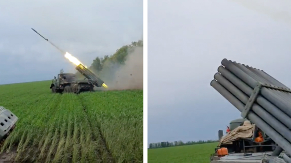Russisch leger vanuit het weiland met een raketwerper bestookt