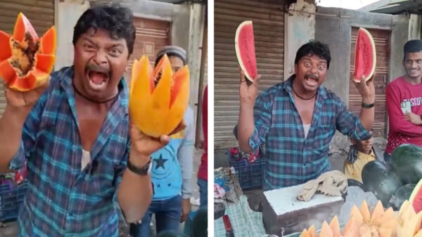 Iemand enig idee wat deze fruithandelaar geslikt heeft?