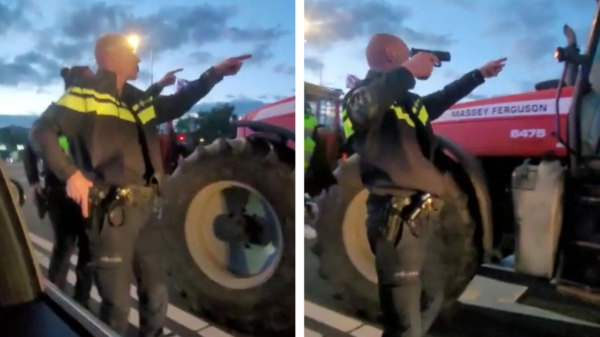 Politieagent bedreigt ogenschijnlijk rustige boer in geparkeerde tractor met dienstwapen