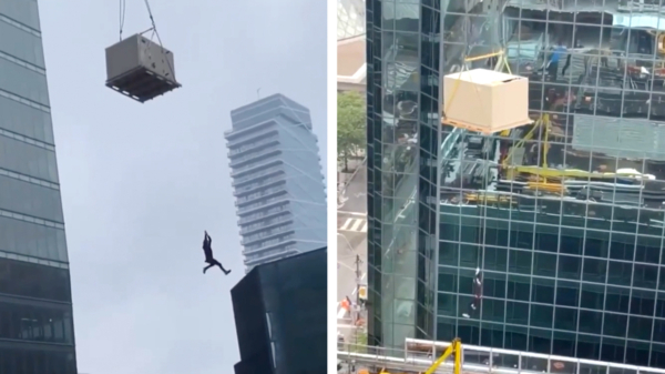Canadese arbeider bungelt aan zijden draadje tientallen meters boven de grond