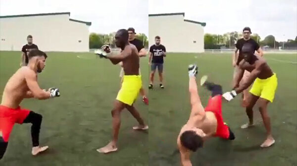 Zeer verrassende en effectieve trap tijdens amateur MMA-gevecht