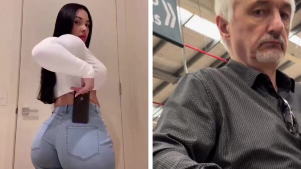 Chick met flink achterwerk stopt een camera in d'r kontzak om reacties van glurende mannen te filmen