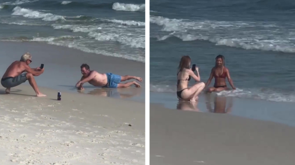 Heren met humor zetten foto-schietende influencers heerlijk te kakken op het strand