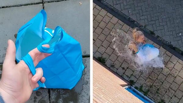 Hier schat, ik gooi je je tas wel even toe