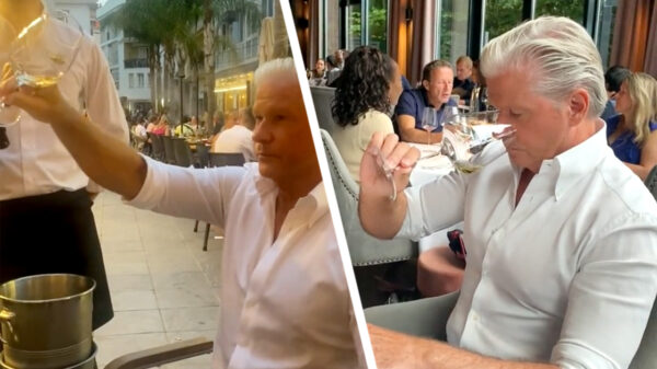 Pure kunst: connaisseur Dries Roelvink die op een terras wijn proeft