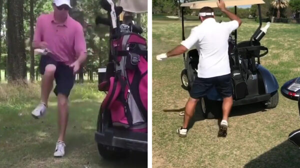 Dolle pret met een rubberen slang op de golfbaan