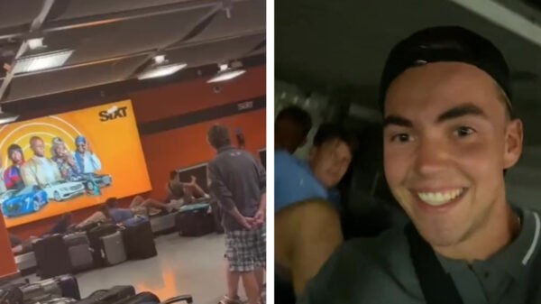 Nederlandse vakantiegangers zijn wachten op bagage beu en besluiten op onderzoek uit te gaan