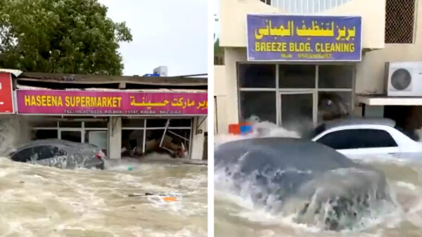 Met een enorm gevaarte door een overstroming rijden maakt het niet echt beter