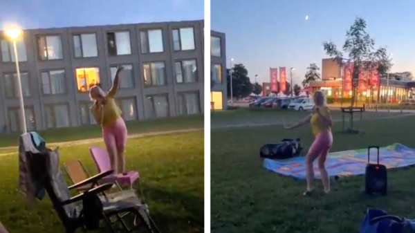 IrisQueen verrast haar buren met een gratis showtje op het grasveld
