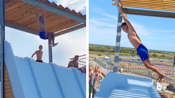 Kijk, zo kan het ook: met een salto de enorme glijbaan af in het Frenzy Waterpark
