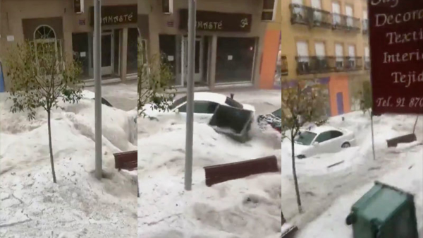 Complete straten weggeveegd door bizarre hagelstorm in Madrid