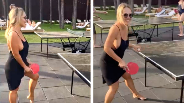 Russische dame trekt veel bekijks tijdens potje tafeltennissen op de camping