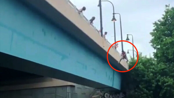 Stoere brugslingeraar springt iets te enthousiast van een brug