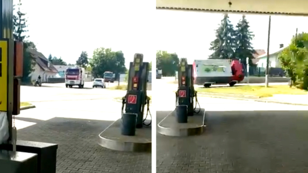 Duitse Brandweer jakkert te snel de bocht door en parkeert 'm op z'n zijkant