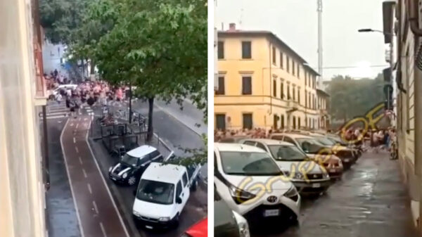 'Twentesupporters aan het rennen voor de hoolies van Fiorentina'