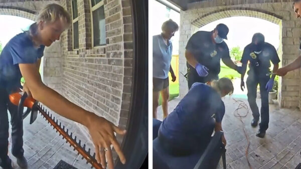 Moedertje komt met haar vingers vast te zitten in een heggenschaar