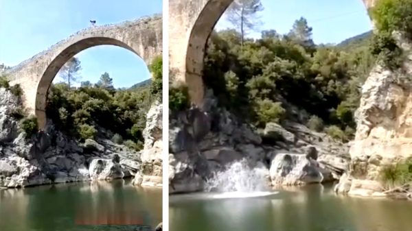 Van de 28 meter hoge Pont de Llierca in Catalonië springen is altijd een slecht idee