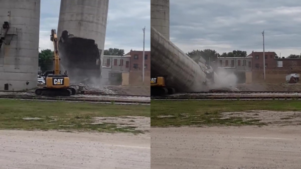 Kraanmachinist heeft engeltje op zijn schouder tijdens slopen van enorme silo