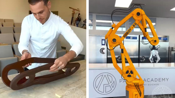 Chocolatier Amaury Guichon maakt een werkende robotarm van jawel: chocolade!