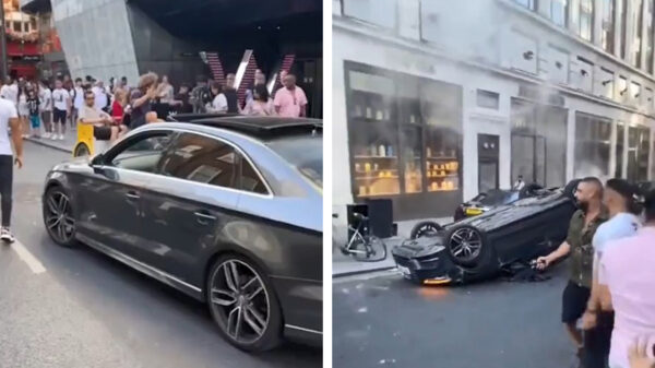 Idioot onder invloed parkeert zijn Audi ondersteboven na aanrijding met een taxi