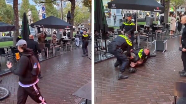 Doorgedraaide driftkikker bekogelt agente met kruk op Rembrandtplein, wordt hardhandig naar de grond gewerkt