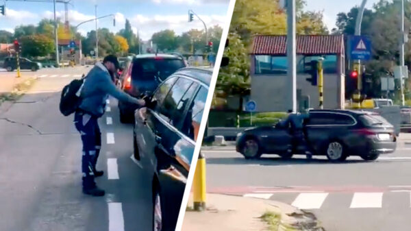 Fietsbelg sloopt zijspiegel BMW en wordt meters meegesleurd aan de auto