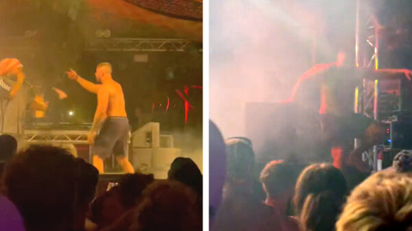 Anabolenkoning valt dj aan en springt in het publiek om potje te matten