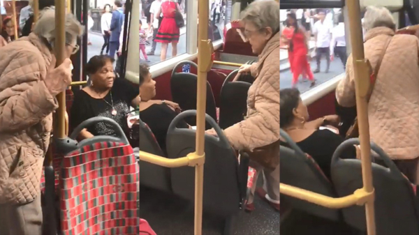 Rellende Engelse hooligan-omaatjes maken in de bus ruzie over een zitplaats