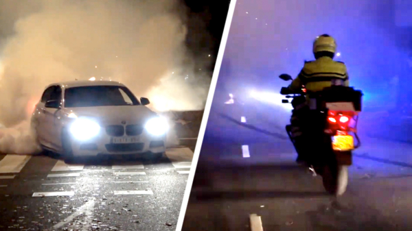Slechte timing voor BMW M135i die motoragent tegenkomt na dikke burn-out