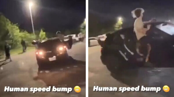 Kerel wordt uit de auto gedrift en verandert in een menselijke verkeersdrempel