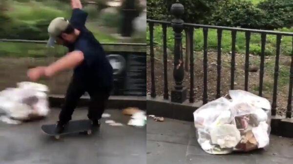 Met een skateboard even een vuilniszakje aantikken