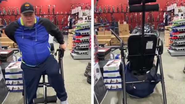 Harrie Boomsma valt meteen af als hij fitnessapparaat uitprobeert in winkel