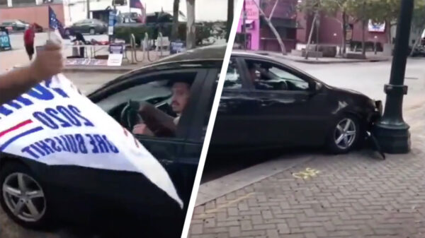 Karma voor spugende Trump-hater die zijn auto tegen lantaarnpaal parkeert