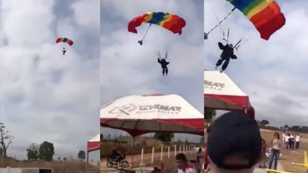 Parachutespringer zonder richtingsgevoel landt midden in het publiek