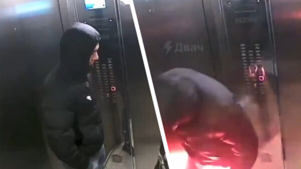 Trigger happy schlemiel in lift schiet zichzelf in zijn flare gun