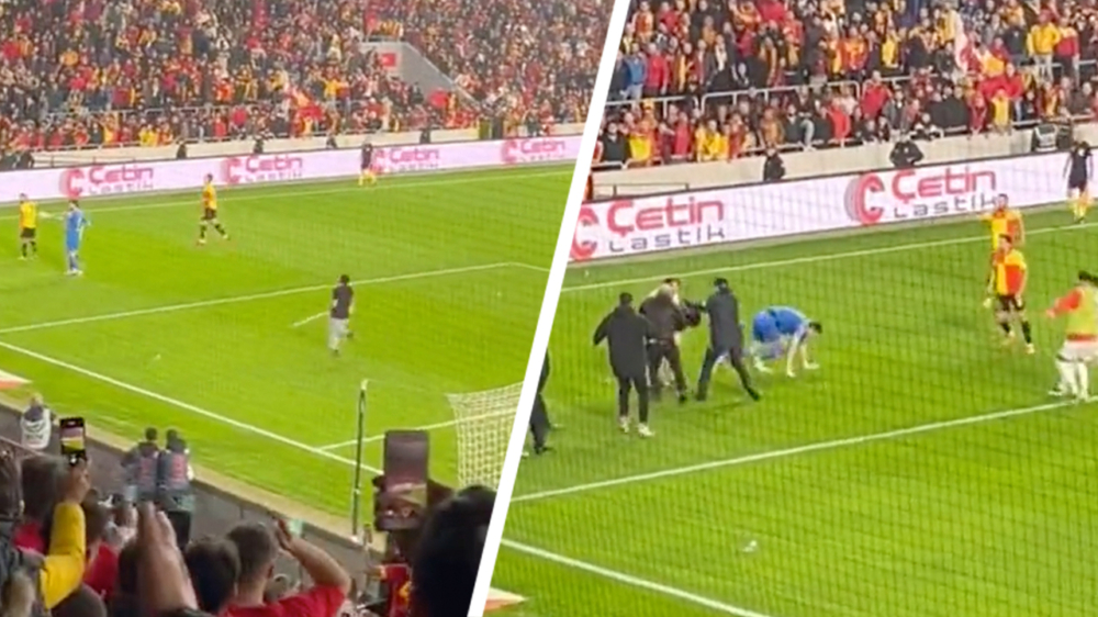 Hooligan mept keeper van Turkse club Altay met cornervlag, wedstrijd gestaakt