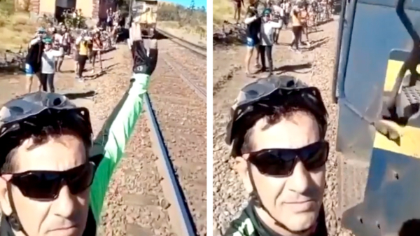 Wielrenner geraakt die een selfie van een aanstormende trein maakt