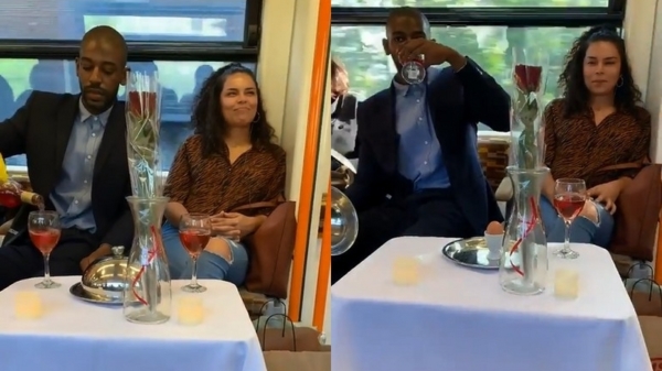 Als je geen date kunt regelen dan dwing toch gewoon een vreemdeling in de trein