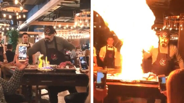 Chefkok bereidt kletsnatte biefstuk voor zijn gasten