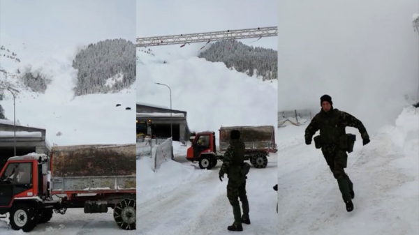 Zwitserse soldaten moeten rennen voor een enorme aanstormende lawine in Davos