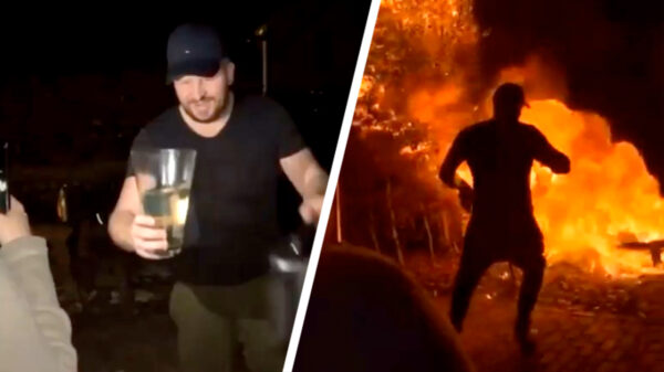 Helder licht ketst een liter benzine over vuurkorf en kan een nieuwe boom kopen