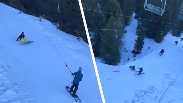 Alle begin is moeilijk: snowboarder kegelt iedereen in de sleeplift omver