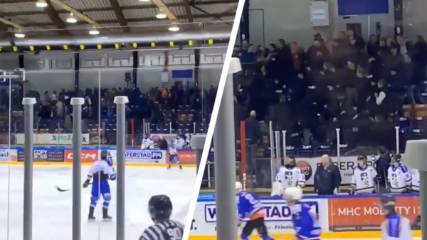 Gemaskerde mannen bestormen tribune tijdens een ijshockeywedstrijd in Thialf