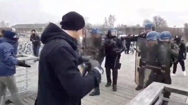 Franse protestant beukt met blote vuisten de oproerpolitie terug